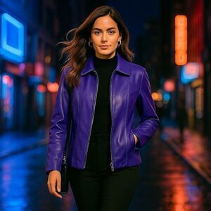 Y2K Worthington Petite L Purple Genuine Leather Bold Coat Zip Minimalist Retro